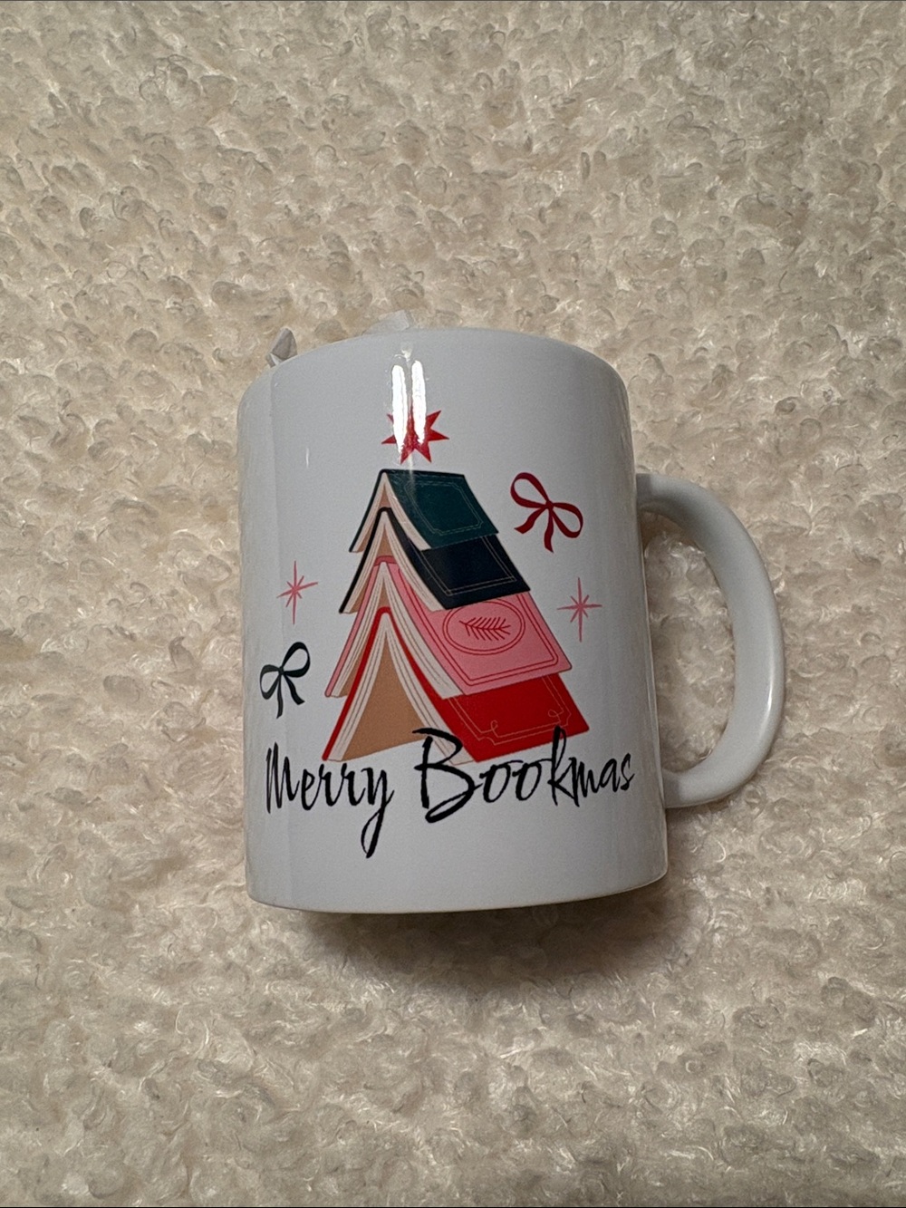 Merry Bookmas Ceramic Coffee Mug - White with Colorful Book Tree